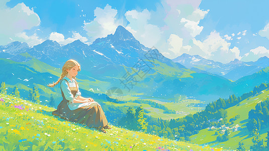 远方风景春天坐在绿色山坡上看向远方的卡通女孩插画