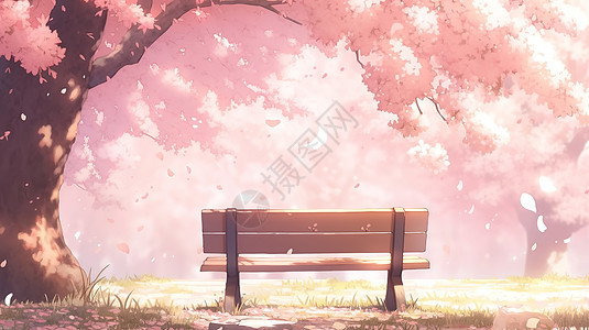 春天浪漫樱花树下长椅图片