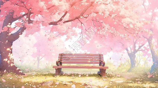 浪漫樱花树下长椅背景图片