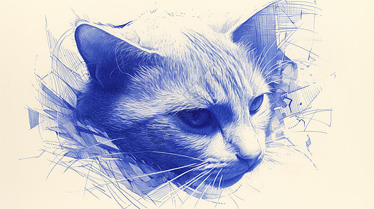素描风蓝色调卡通猫背景图片