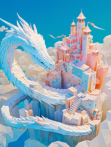 巨型剪纸风卡通巨龙围绕着高高的城堡高清图片