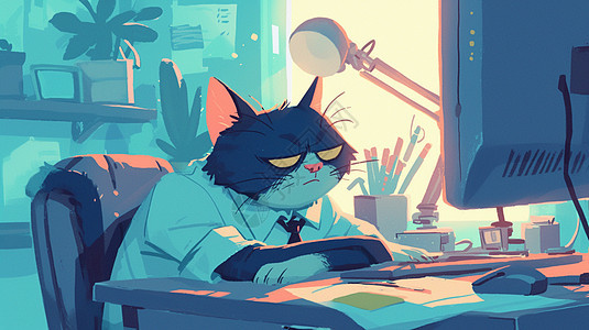 懒洋洋的卡通猫趴在办公桌上图片