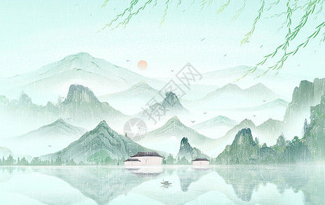 简笔山水中国风二十四节气水墨山水插画背景插画