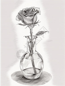 手绘素描风插在花瓶中的一枝玫瑰花图片