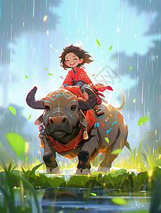 清明节小女孩骑着卡通牛背景图片