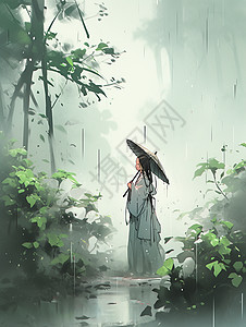 清明节一个古风人物在雨中欣赏风景唯美水墨风景画图片