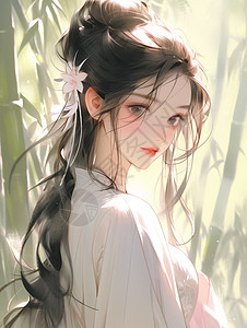 在绿色竹林中古风装扮漂亮的卡通女孩背景图片