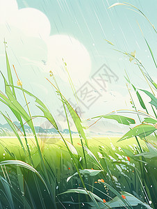 春天雨中一片绿油油的草地背景图片