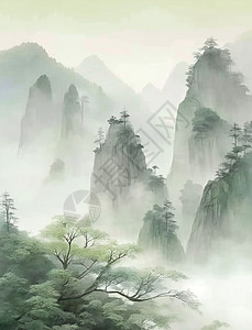 春天山水间唯美的梦幻的中国风卡通风景画高清图片