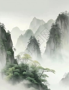 春天山水间唯美的梦幻的中国风风景画高清图片