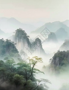 高山云雾春天山水间的中国风卡通风景画插画