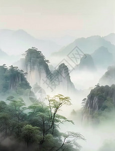 春天山水间的中国风卡通风景画背景图片