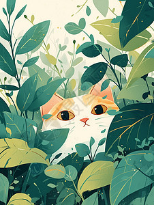 植物丛中一只可爱的卡通小花猫可爱卡通场景图片