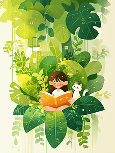 在嫩绿色的植物丛林有一个可爱的卡通小女孩图片
