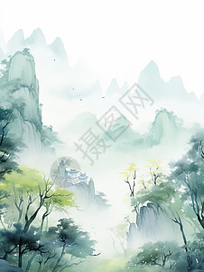 节气春天云雾缭绕的山间有很多绿色古树清新山水风景画插画