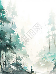 云雾缭绕的山间有很多绿色古树清新唯美卡通山水风景画图片