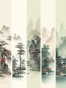几幅唯美的卡通中国水墨风山水景画图片