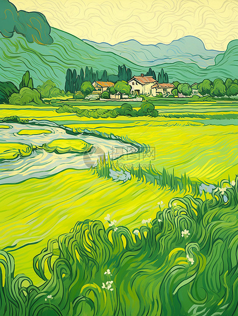 田间绿油油的耕田与小溪唯美卡通风景画图片