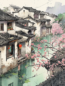 春天雨中盛开着桃花的卡通古镇背景图片