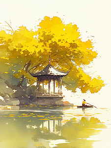 春天在湖边小岛上一座小小的卡通古亭子中国风插画图片