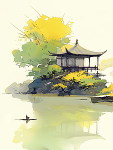在湖边小岛上一座小小的卡通古亭子中国风插画图片