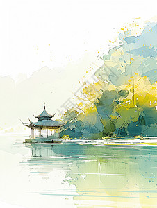 小岛上一座小小的卡通古亭子中国风插画图片