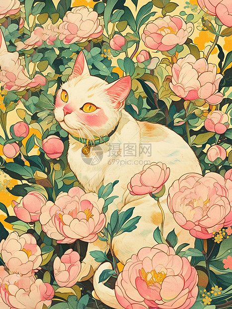 盛开的牡丹花丛中一枝可爱的卡通小白猫图片