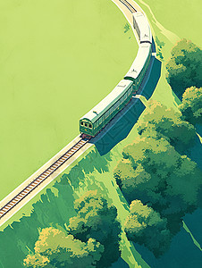 田野中的一列卡通火车绿色调唯美卡通风景图片
