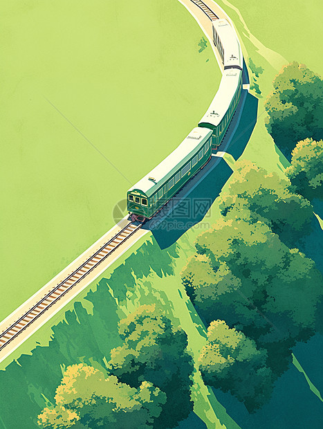 田野中的一列卡通火车绿色调唯美卡通风景图片