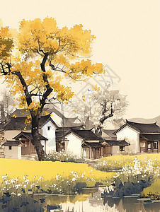 在老屋旁一棵开着黄色花朵的老树唯美春天手绘风插画图片