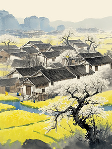 春天开着黄色花朵的老树唯美春天手绘风插画插画