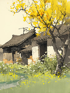 春天在老屋旁一棵开着黄色花朵的老树唯美春天插画图片