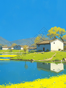 蓝天白云下湖边的一座卡通小村庄图片