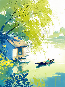 一个人坐着小小的船在湖面上行驶唯美卡通风景画图片