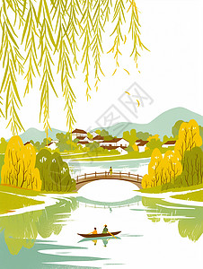 春天湖面上一艘小小的船在行驶唯美春天卡通风景图片