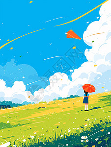 春分拿着小伞在山坡上散步的卡通人物图片