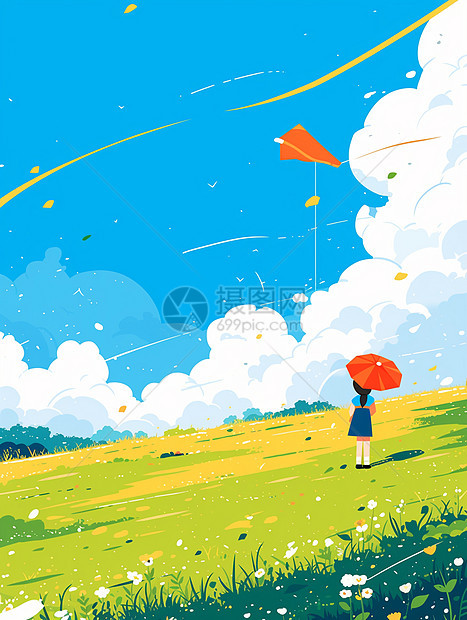 春分拿着小伞在山坡上散步的卡通人物图片