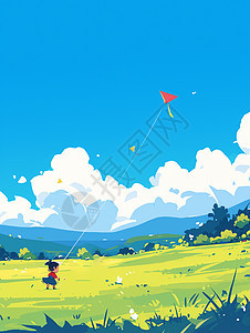 在蓝天白云下郊游放风筝的小小的卡通人物图片