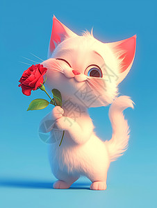 手拿红色玫瑰花可爱的卡通小猫图片