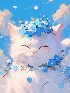 头顶蓝色小花面带微笑可爱的卡通小白猫图片