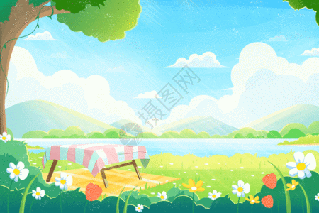 燕子标志春天踏青卡通唯美蓝天白云草地风景GIF高清图片
