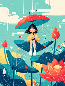 坐在荷叶上撑着小伞欣赏雨景的可爱卡通小女孩图片