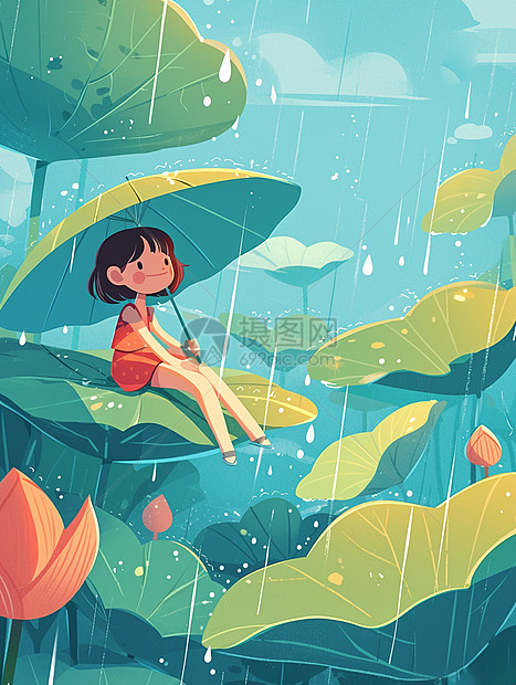 欣赏雨景的可爱卡通小女孩图片