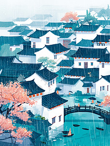 春天雨中江南唯美的卡通小村庄图片