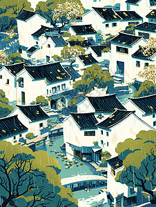 春天雨中江南唯美的卡通小村庄图片