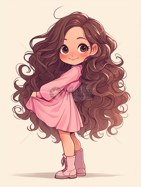 穿着粉色连衣裙可爱的长卷发卡通女孩图片
