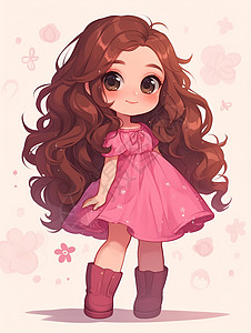 粉色连衣裙可爱的长卷发卡通女孩高清图片