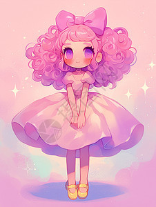 头顶粉色蝴蝶结穿粉色蓬蓬裙的可爱卡通小女孩图片