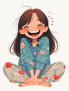 穿着格子睡衣坐在地上开心笑的卡通小女孩图片