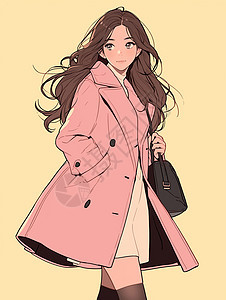 穿着粉色风衣外套走路的时尚卡通女孩图片
